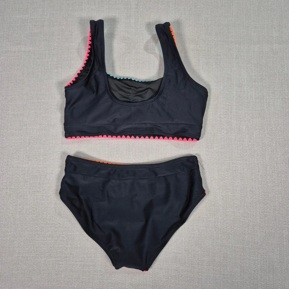 Girls Black High Waisted Bikini Set Neon Rickrack Trim Size 12Y-13Y 2XL